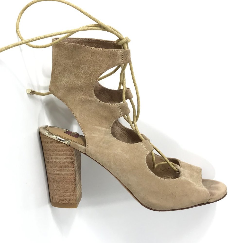 Elaine Turner Sandals Womens 7 Beige Gladiator Suede Block High Heel Designer